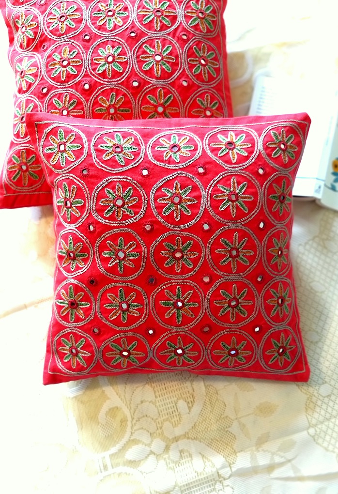 Red Abla Hand embroidered Cushion Covers Pair
